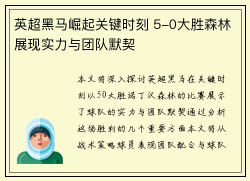 英超黑马崛起关键时刻 5-0大胜森林展现实力与团队默契