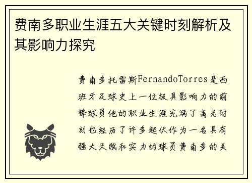 费南多职业生涯五大关键时刻解析及其影响力探究
