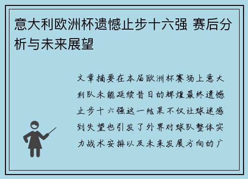 意大利欧洲杯遗憾止步十六强 赛后分析与未来展望